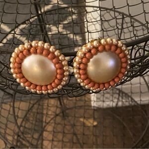 Vintage clip on earrings with gold beads, Pearl beads and a gold round center